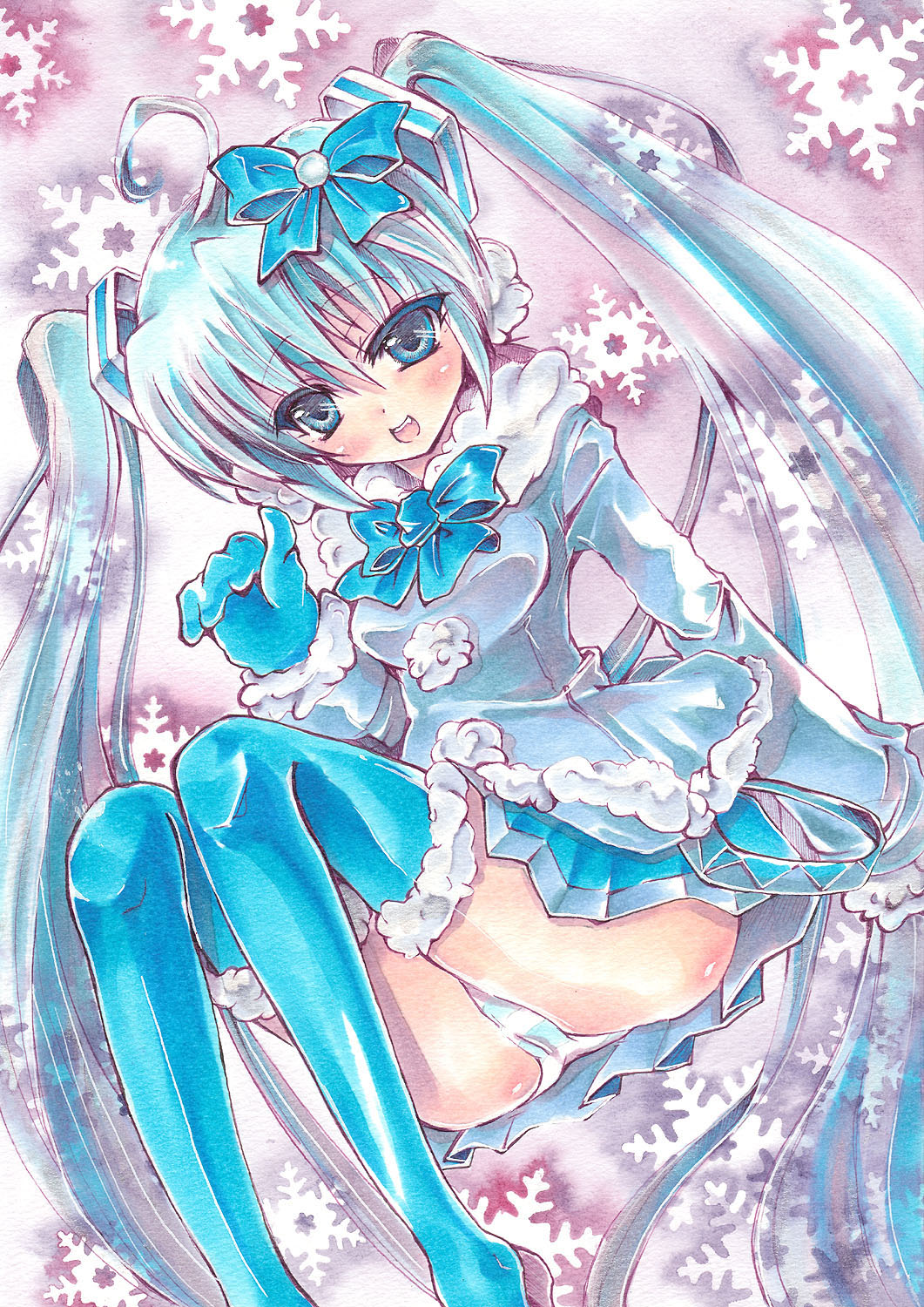 ahoge, blue_legwear, botie, bow, bowtie, color_ink_(medium), colored_eyelashes, earmuffs