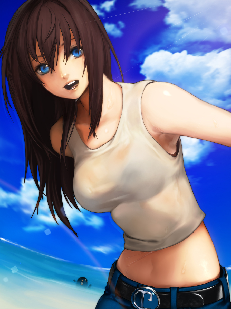 aozaki_aoko, belt, bird, black_hair, blue_eyes, bra, breasts, brown_hair