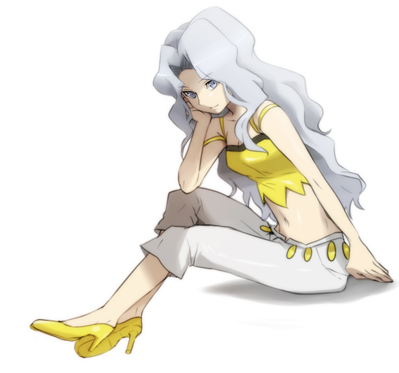 bare_shoulders, breasts, chin_rest, cleavage, crop_top, elite_four, full_body, grey_eyes