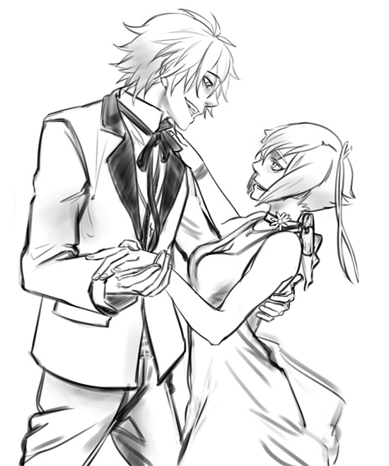 amata_sora, aquarion_(series), aquarion_evol, cocktail_dress, couple, dancing, monochrome, tuxedo