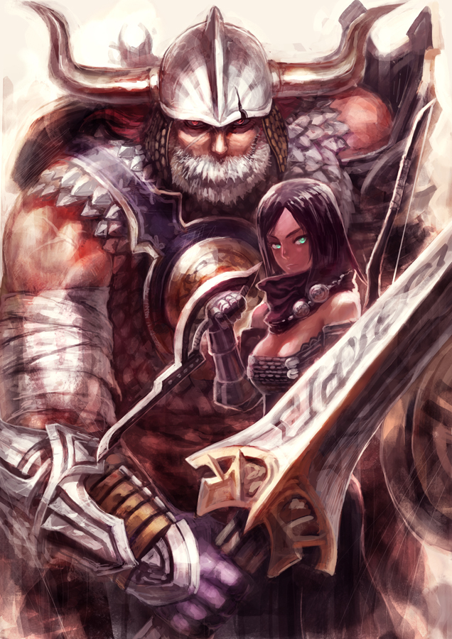 arisen_(dragon's_dogma), arisen_(dragon's_dogma), armor, bandage, bandages, beard, bow_(weapon), breasts