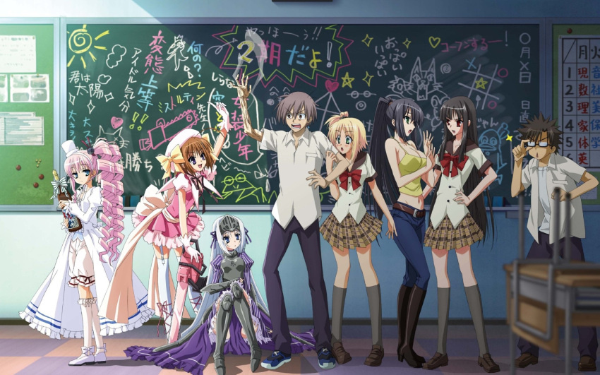 6+girls, ahoge, ai_ai_gasa, aikawa_ayumu, belt, black_hair, blonde_hair, blue_eyes, bobby_socks, boots, breasts, brown_hair, chainsaw, chalkboard, chris_(kore_wa_zombie_desu_ka?), classroom, drill_hair, eucliwood_hellscythe, gloves, green_eyes, hair_ornament, hair_ribbon, hairband, haruna_(kore_wa_zombie_desu_ka?), hat, highres, kore_wa_zombie_desu_ka?, large_breasts, lolita_fashion, long_hair, multiple_boys, multiple_girls, official_art, orito_(kore_wa_zombie_desu_ka?), pink_hair, plaid, plaid_skirt, pleated_skirt, ponytail, purple_eyes, red_eyes, ribbon, sake, sarasvati_(kore_wa_zombie_desu_ka?), saraswati_(kore_wa_zombie_desu_ka?), school_uniform, seraphim_(kore_wa_zombie_desu_ka?), short_hair, side_ponytail, silver_hair, skirt, socks, thigh-highs, thighhighs, top_hat, violet_eyes, visor_(armor), yoshida_yuki