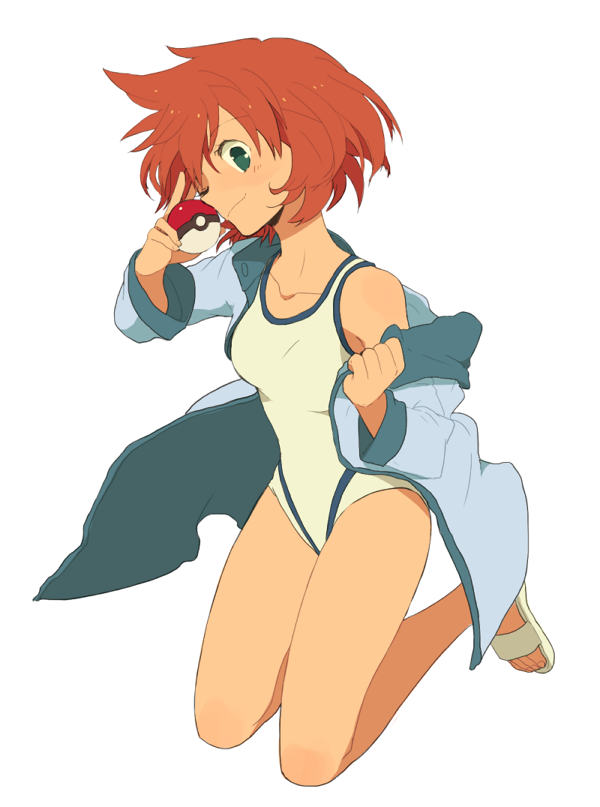 full_body, green_eyes, holding, holding_poke_ball, jacket, kasumi_(pokemon), misty_(pokemon), ochappa