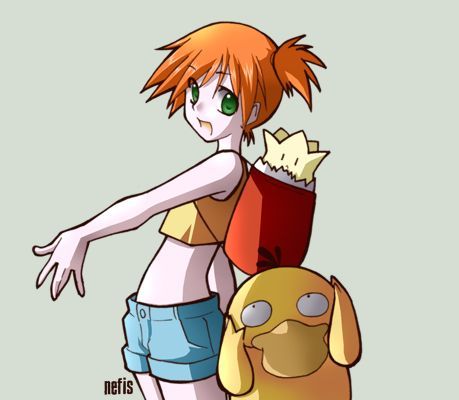 1girl, backpack, bag, denim, green_eyes, grey_background, kasumi_(pokemon), lowres