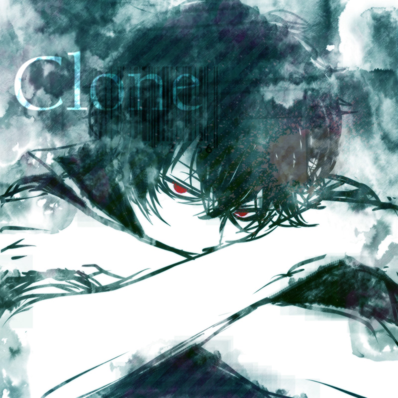 bad_id, black_hair, boy, character_name, clone_gintoki, crossed_arms, fumio_(murashigure), gintama, hair_over_one_eye, male, red_eyes, solo