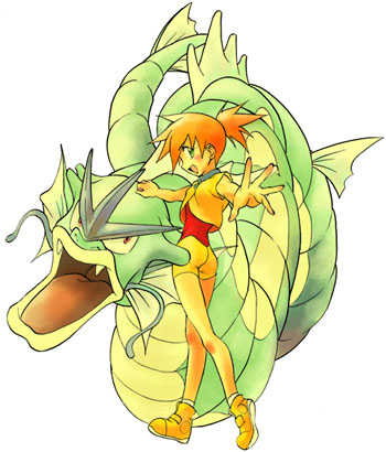 1girl, alternate_costume, artist_request, bare_shoulders, green_eyes, gyarados, kasumi_(pokemon), kasumi_(pokemon_ag)