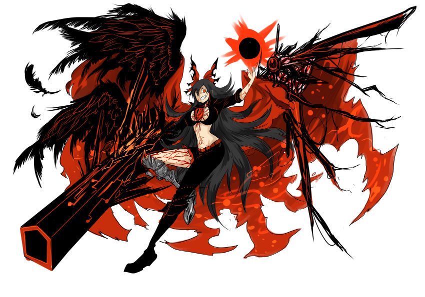 absurdres, alternate_costume, alternate_weapon, alternate_wings, arm_cannon, arm_up, asymmetrical_clothes, bikini_top