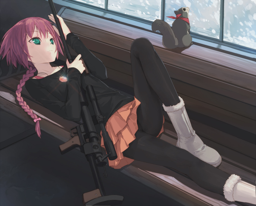 anti-materiel_rifle, boots, bra_strap, braid, darker_than_black, green_eyes, gun, jewelry, latex, long_hair, necklace, panties, panties_under_pantyhose, pantyhose, petya, pink_hair, ponytail, ptrd-41, rifle, single_braid, skirt, sniper_rifle, squirrel, suou_pavlichenko, underwear, uni, weapon, winter
