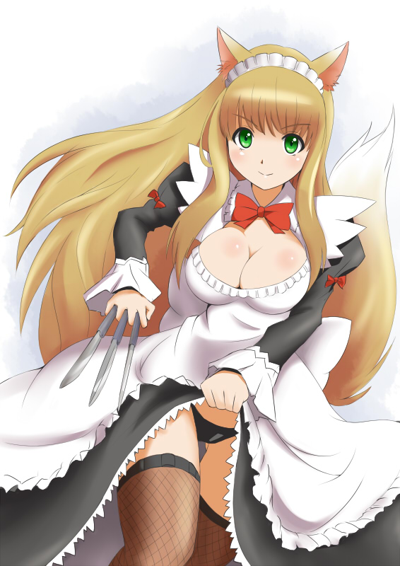 animal_ears, artist_request, black_panties, blonde_hair, breasts, cleavage, fishnet_legwear, fishnets