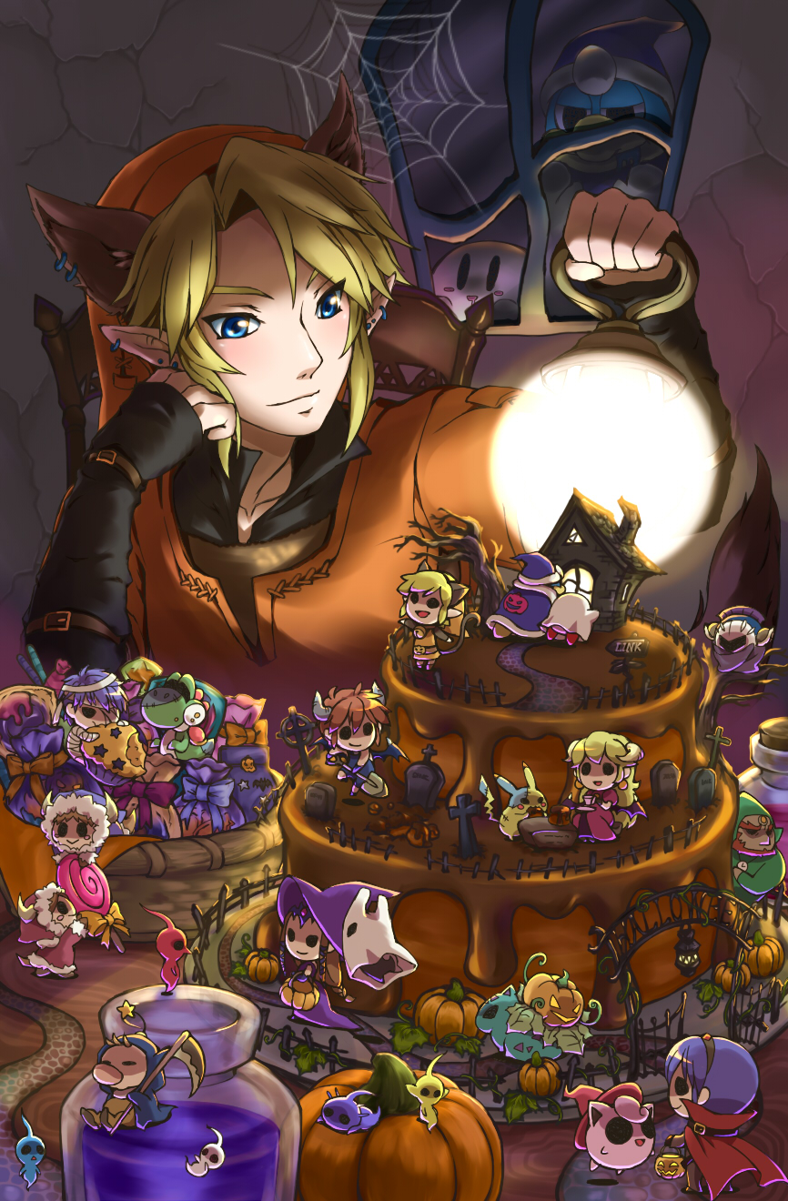 animal_ears, blonde_hair, blue_eyes, bottle, bulbasaur, cake, candy, cape