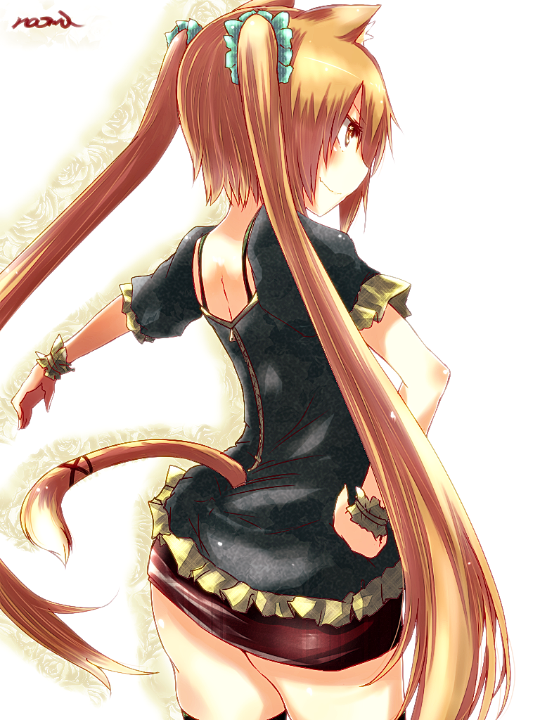 animal_ears, ass, back, blush, brown_eyes, brown_hair, cat_ears, cat_tail