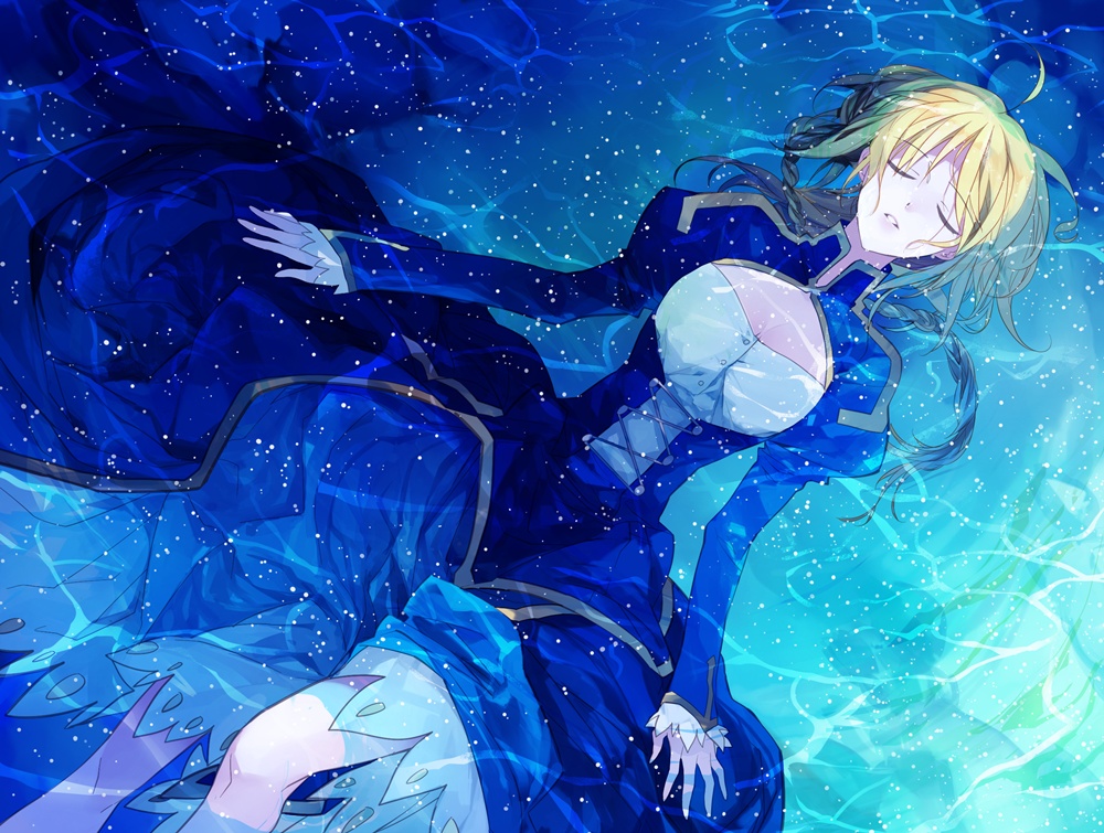 afloat, ahoge, alternate_hairstyle, ayu_(auko2010), blonde_hair, blue_dress, braid, closed_eyes