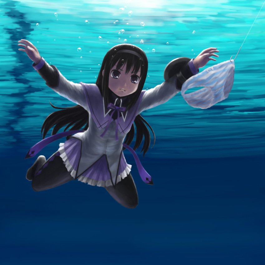 akemi_homura, album_cover, black_hair, black_legwear, bow, bubble, cover, diving
