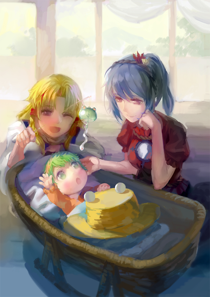 ;d, baby, blonde_hair, cot, crib, green_eyes, green_hair, hair_ornament, hair_ribbon, hat, hat_removed, headwear_removed, kochiya_sanae, mirror, moriya_suwako, multiple_girls, open_mouth, ponytail, purple_eyes, purple_hair, red_eyes, ribbon, short_hair, smile, snake, touhou, violet_eyes, wind_chime, wink, yasaka_kanako, young, yunohara_konomi