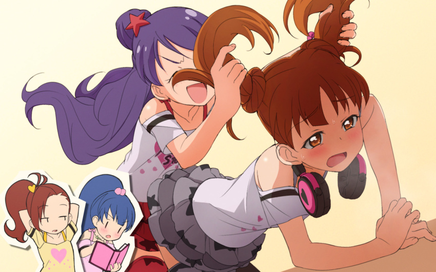 :d, ageha_mia, all_fours, blush, book, breath, brown_hair, cutout