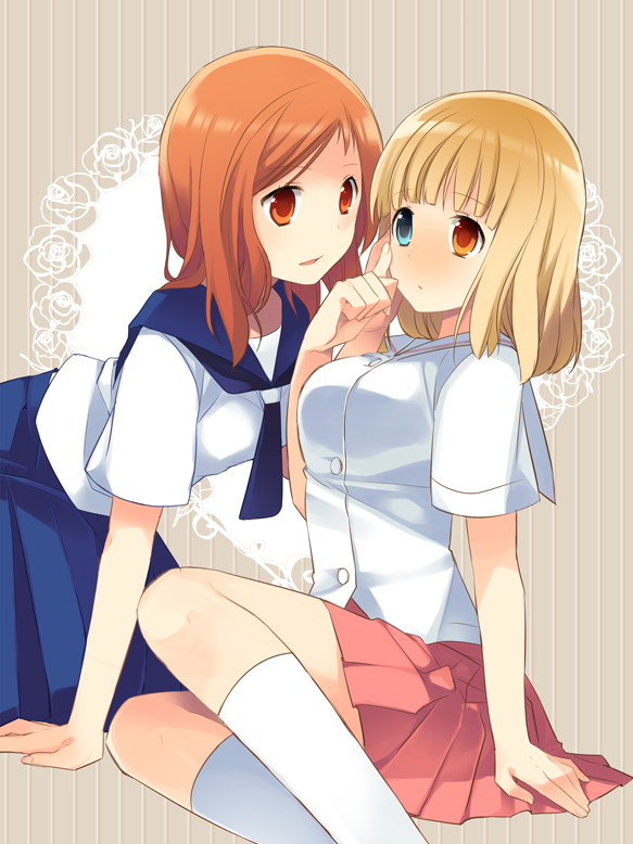 blonde_hair, blue_eye, blush, brown_eyes, brown_hair, fukuji_mihoko, heterochromia, kneeling