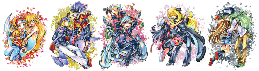 6+boys, alternate_costume, backpack, bag, baseball_cap, beanie, beldum, black_hair, blonde_hair, blue_eyes, blush, boots, brown_hair, carrying, closed_eyes, coat, earrings, evolutionary_stone, eyes_closed, fang, fingerless_gloves, fire_stone, formal, gloves, gold_(pokemon), green_eyes, green_hair, grey_eyes, hair_ornament, hat, haunter, headband, high_heels, highres, hikari_(pokemon), holding, holding_poke_ball, hug, jewelry, kasumi_(pokemon), leaf, leaf_stone, long_hair, matsuba_(pokemon), mermaid, metagross, monster_girl, multiple_boys, multiple_girls, n_(pokemon), open_mouth, pikachu, poke_ball, pokemon, pokemon_(anime), pokemon_(game), pokemon_bw, pokemon_dppt, pokemon_frlg, pokemon_hgss, pokemon_rse, poketch, ponytail, red_(pokemon), red_(pokemon)_(remake), red_eyes, ruku_(ruku_5050), scarf, shell, shell_bikini, shirona_(pokemon), shoes, short_hair, shorts, silver_hair, sitting, skirt, smile, sneakers, stone, suit, telescope, thigh-highs, thighhighs, thunder_stone, touko_(pokemon), traditional_media, tsuwabuki_daigo, vest, vs_seeker, watch, water_stone, wristband, wristwatch, yuuki_(pokemon), yuuki_(pokemon_emerald)