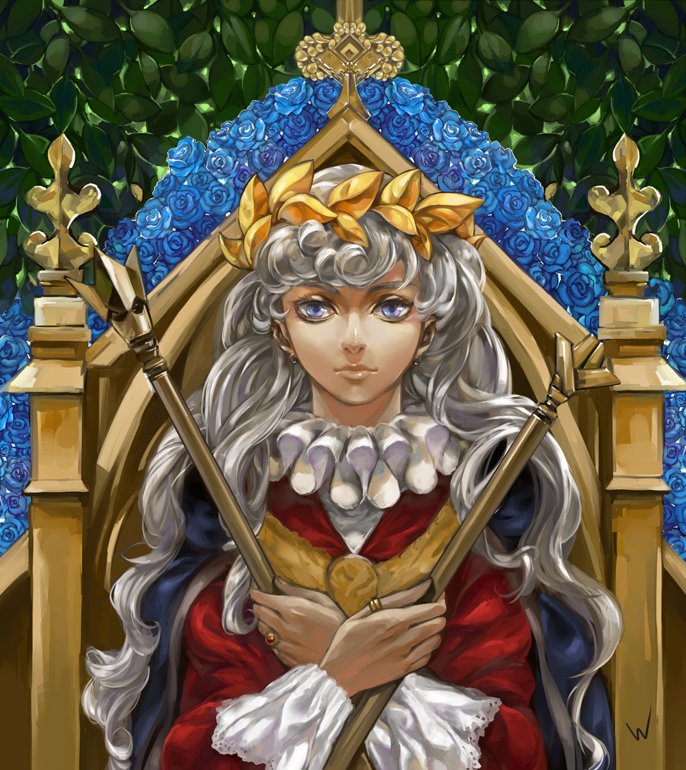 blue_eyes, frills, grey_hair, head_wreath, jewelry, original, queen, ring