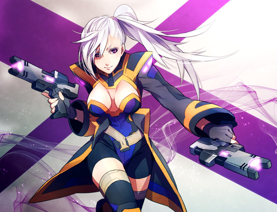 ai_(artist), breasts, cleavage, dual_wielding, fingerless_gloves, gloves, gun, long_hair