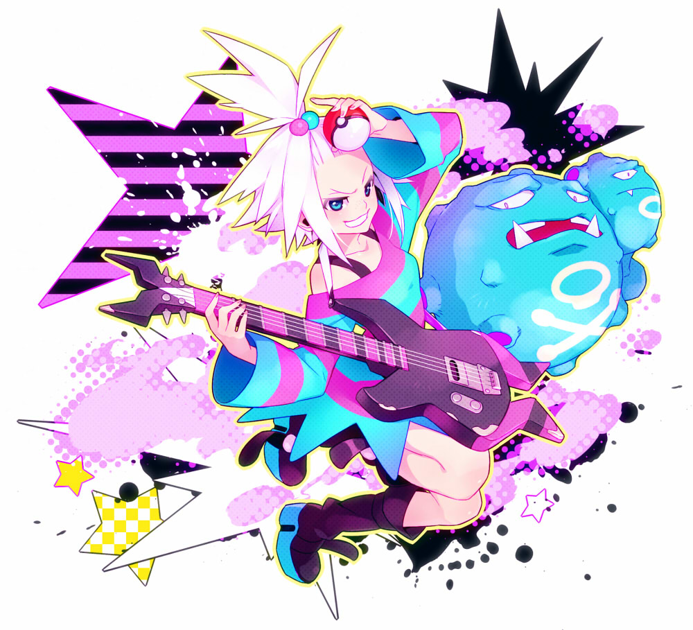 ai_(artist), alternate_color, bass_guitar, blue_eyes, boots, dress, grin, guitar, gym_leader, hair_bobbles, hair_ornament, holding, holding_poke_ball, homika_(pokemon), instrument, minidress, poke_ball, pokemon, pokemon_(game), pokemon_bw2, shiny_pokemon, shirt, silver_hair, smile, star, striped, striped_dress, striped_shirt, topknot, weezing, white_hair