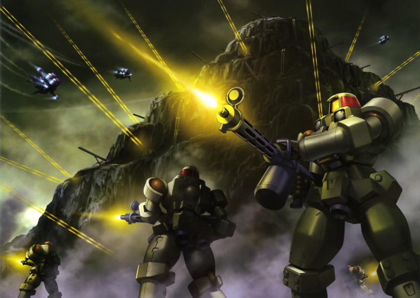90s, absurdres, aries_(mobile_suit), artist_request, battle, beam_rifle, firing, flying