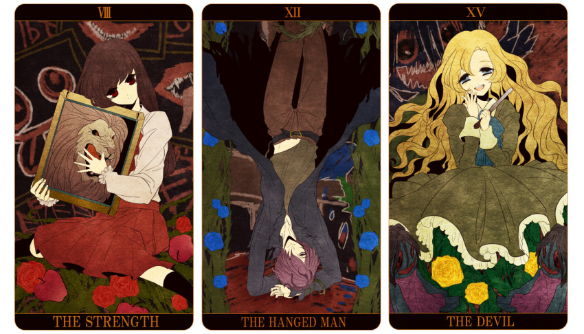 2girls, artist_request, blonde_hair, blue_rose, brown_hair, coat, doll, eve_(ib)