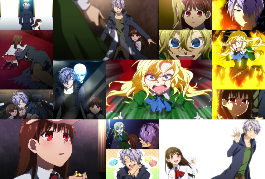 1boy, 2girls, blonde_hair, blue_eyes, brown_hair, candy, closed_eyes, coat