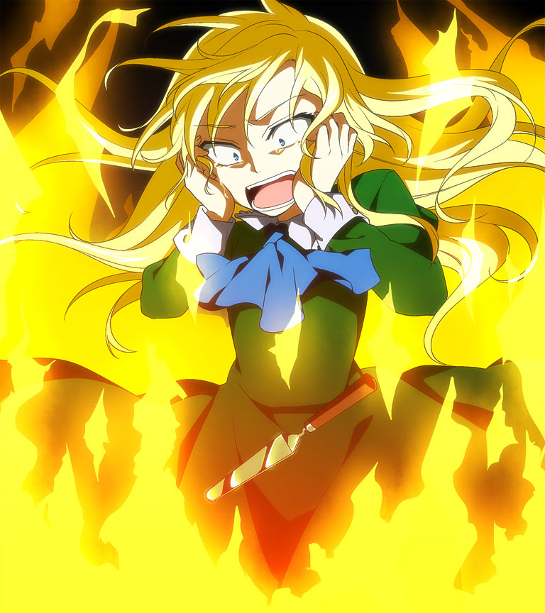blonde_hair, blue_eyes, fire, ib, knife, mary_(ib), spoilers, tears