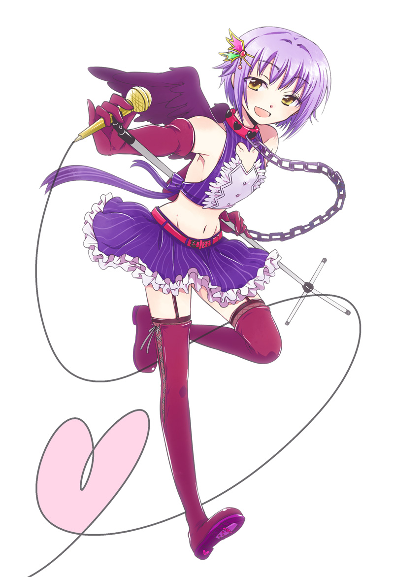 :d, belt, boots, breasts, brown_eyes, center_opening, collar, elbow_gloves, garter_belt, gloves, hair_ornament, hairclip, idolmaster, idolmaster_cinderella_girls, koshimizu_sachiko, navel, open_mouth, purple_hair, shima_tokio, short_hair, skirt, smile, solo, thigh-highs, thigh_boots, thighhighs, wings