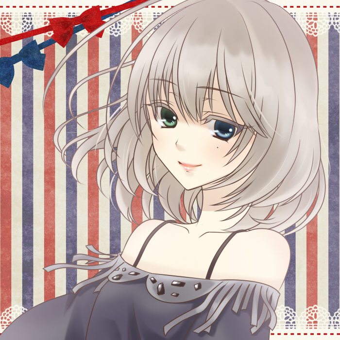 close-up, heterochromia, idolmaster, idolmaster_cinderella_girls, mole, nia_(littlestars), off_shoulder, smile, solo, striped, striped_background, takagaki_kaede