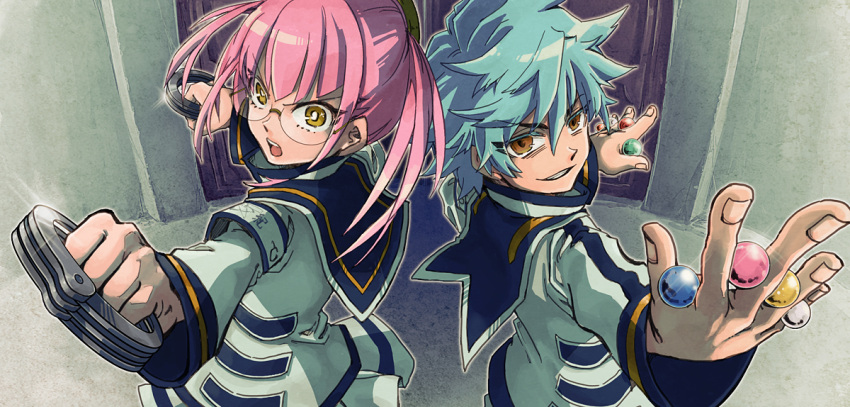 ball, cuffs, glasses, handcuffs, medaka_box, onigase_harigane, pink_hair, school_uniform