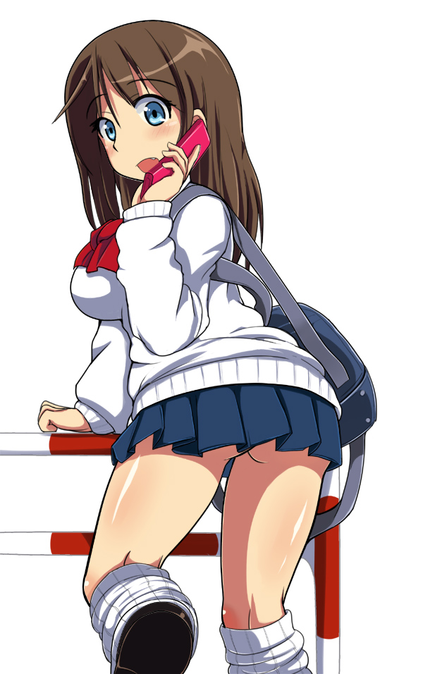 ass, bag, blue_eyes, brown_hair, cellphone, comord, fang, from_behind