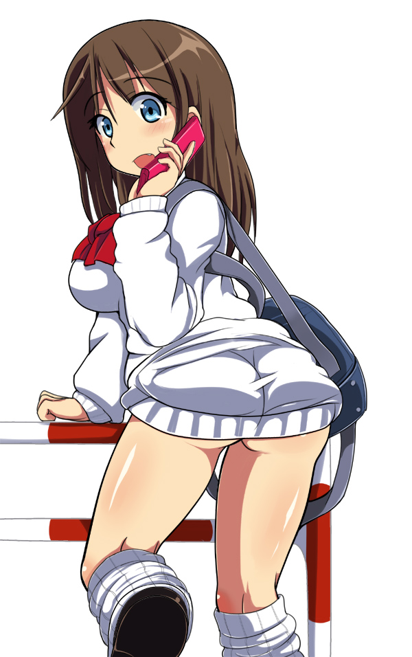 ass, bag, blue_eyes, brown_hair, cellphone, comord, fang, from_behind