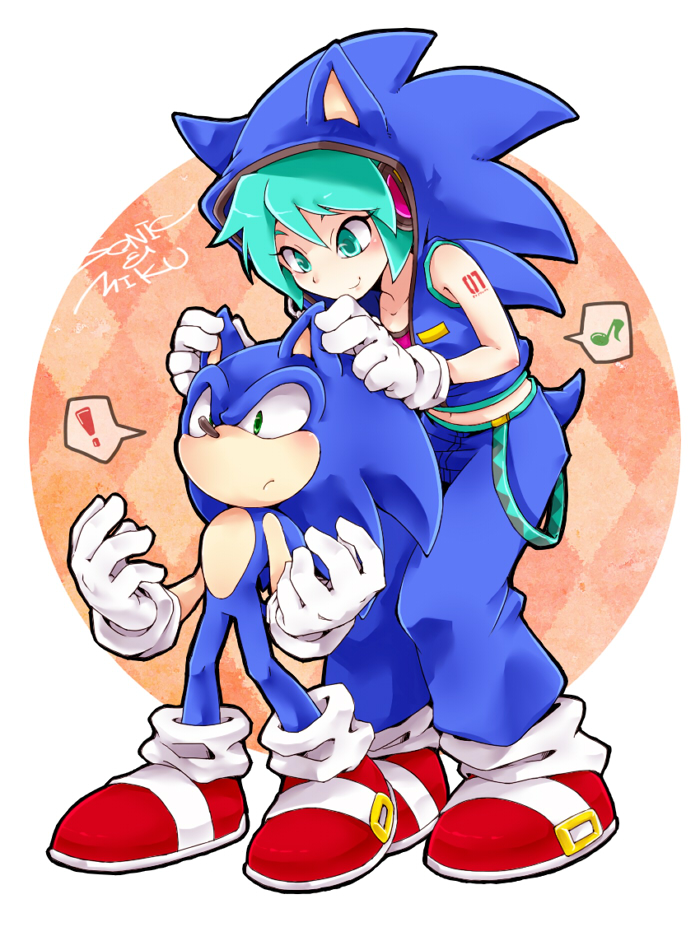 !, 1boy, 1girl, animal_ears, anthro, aqua_eyes, aqua_hair, belt, blue_fur, blue_hair, character_name, cosplay, crossover, female, furry, gloves, green_eyes, hatsune_miku, hoodie, human, male, musical_note, project_diva, project_diva_(series), project_diva_extend, shoes, simple_background, smile, sonic_(series), sonic_style_(module), sonic_the_hedgehog, sonic_the_hedgehog_(cosplay), tail, vocaloid, wantake