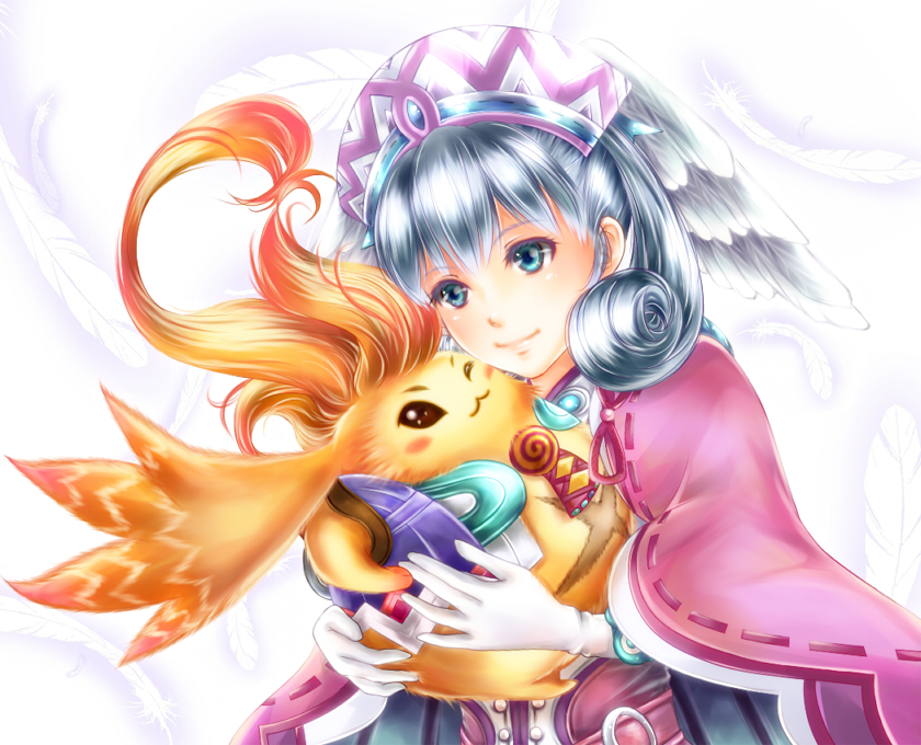 :3, blue_eyes, cape, fang, gloves, hat, head_wings, hug, melia, moon-p, riki_(xenoblade), silver_hair, vest, wink, xenoblade