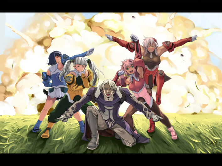 4girls, aru-sci, blue_hair, dark_skin, dominia_yizkor, explosion, ginyu_force_pose, kahran_ramsus