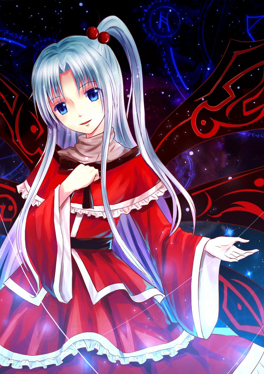 blue_eyes, capelet, dress, goddess, hair_bobbles, hair_ornament, highres, long_hair, magic_circle, neko_kuriya, open_mouth, shinki, side_ponytail, silver_hair, smile, solo, star_(sky), touhou, wings