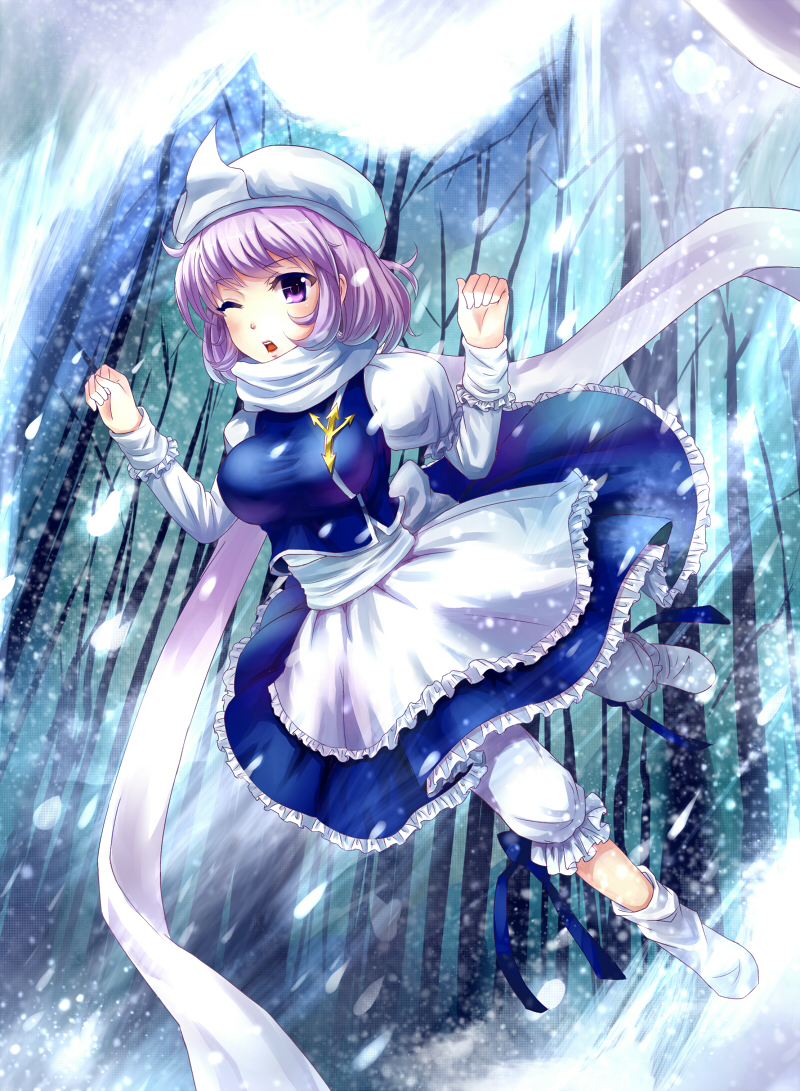 apron, bloomers, blush, boots, breasts, forest, hat, lavender_hair