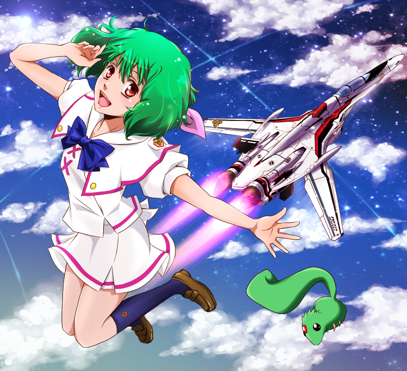 ai-kun, airplane, alien, cloud, flying, green_hair, jet, macross