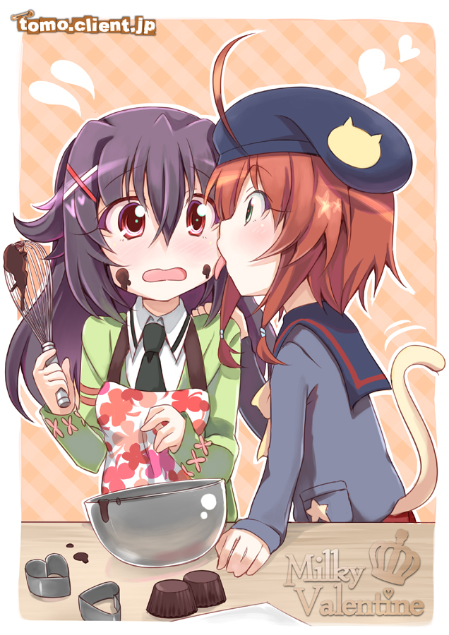 apron, black_hair, bowl, cat_tail, chocolate, cookie_cutter, cookie_cutters, diagonal_stripes