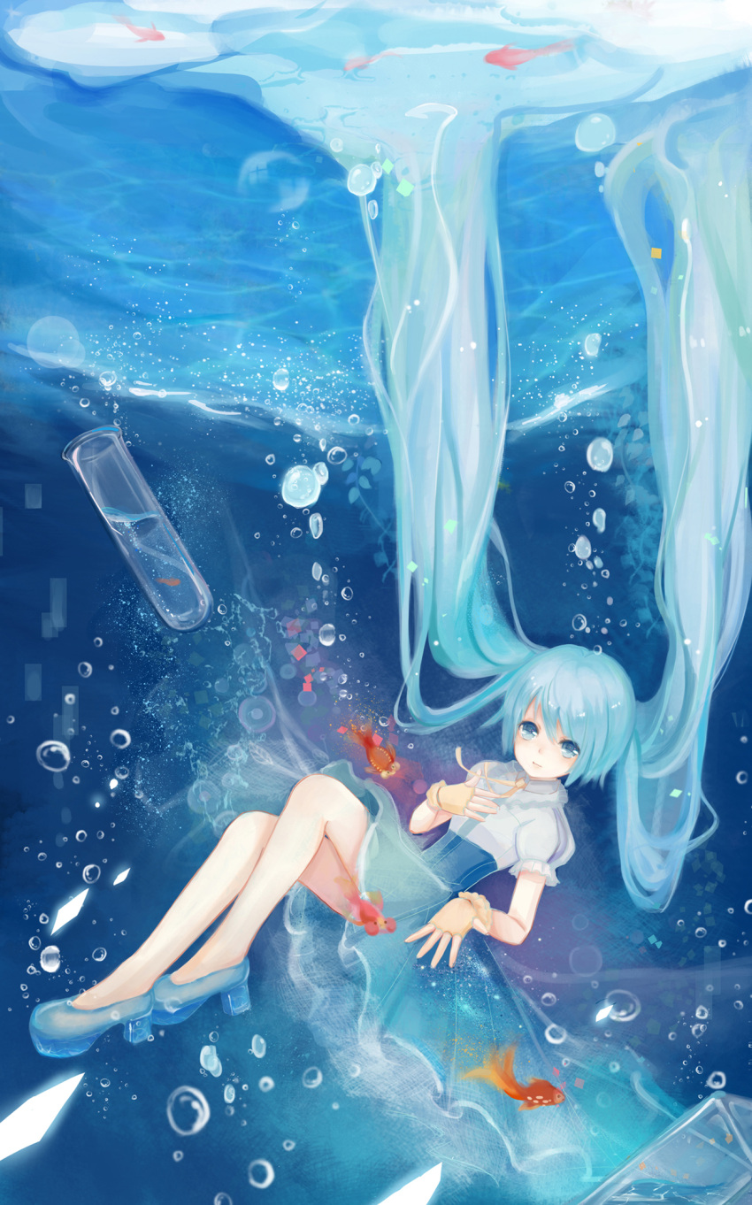 aqua_eyes, aqua_hair, bubble, dress, fingerless_gloves, fish, floating_hair, gloves, hatsune_miku, highres, long_hair, solo, tamaxi123, test_tube, twintails, underwater, very_long_hair, vocaloid