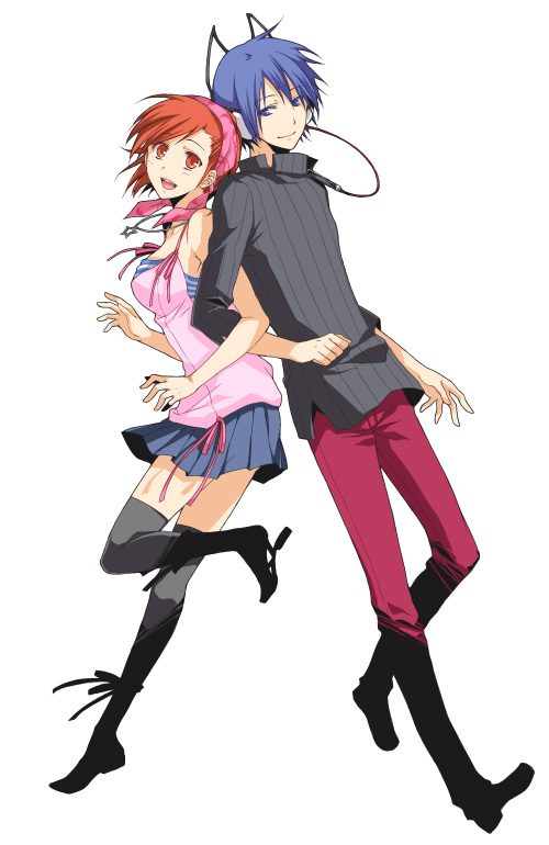 black_legwear, black_thighhighs, blue_hair, couple, devil_survivor_(series), devil_survivor_1, headphones, legs