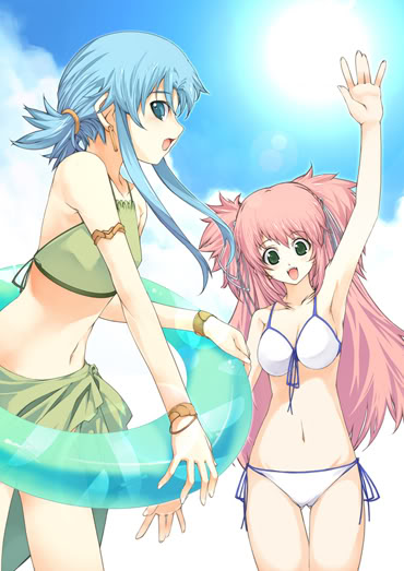 anna_laemmle, anna_lemouri, beach, blue_eyes, blue_hair, green_eyes, jessica_philomele, mana_khemia, philomel_hartung, pink_hair, swimsuit