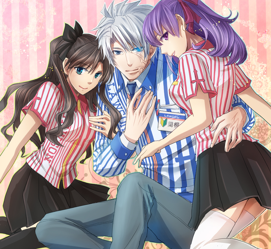 2girls, alternate_costume, arm_hug, black_hair, black_legwear, black_ribbon, fate/stay_night, fate/zero