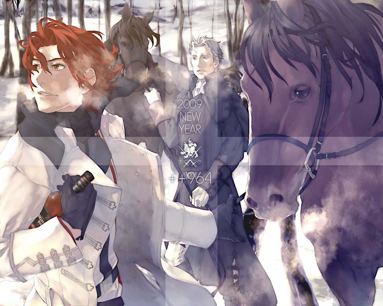 2boys, bottle, culgan, gensou_suikoden, gensou_suikoden_ii, horse, kaburaya, long_coat