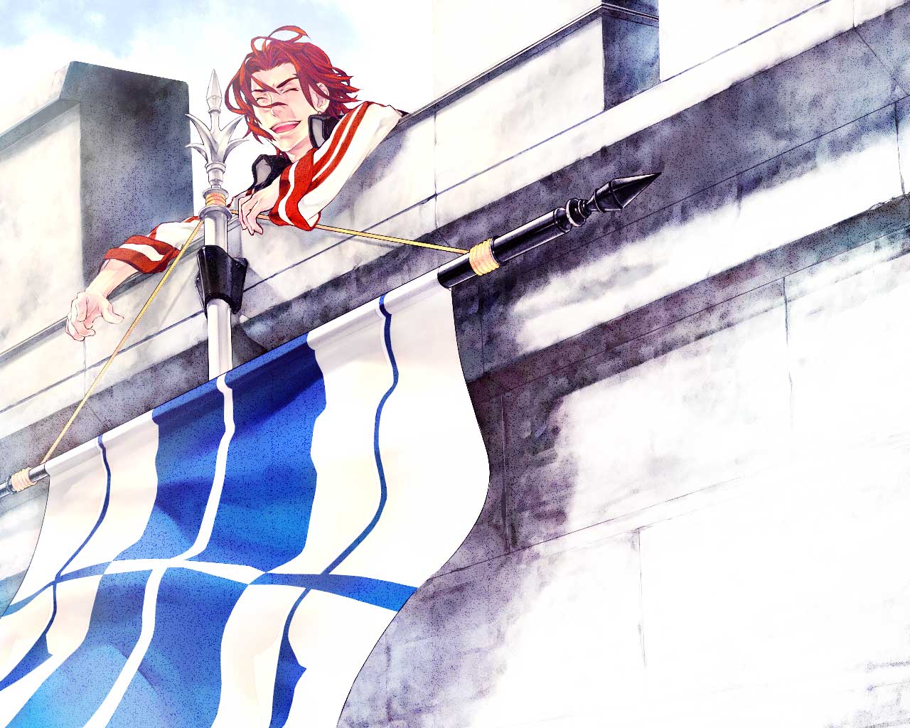 closed_eyes, coat, eyes_closed, flag, gensou_suikoden, gensou_suikoden_ii, kaburaya, male