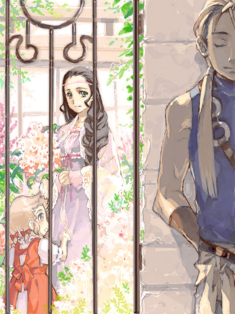 2girls, black_hair, blonde_hair, brown_eyes, brown_hair, circlet, closed_eyes, dress