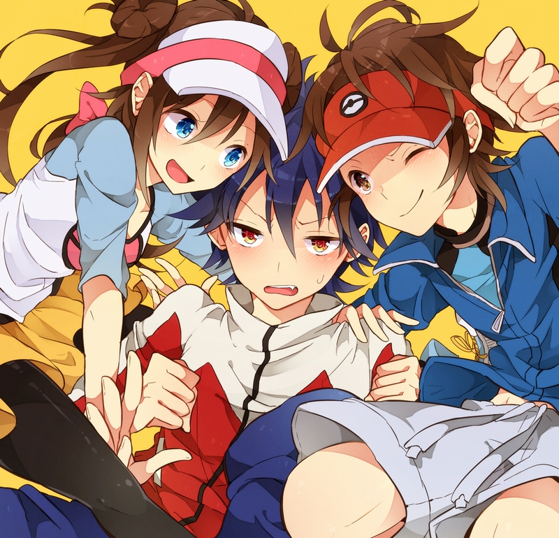 2boys, black_hair, black_legwear, blue_eyes, blush, brown_eyes, brown_hair, double_bun