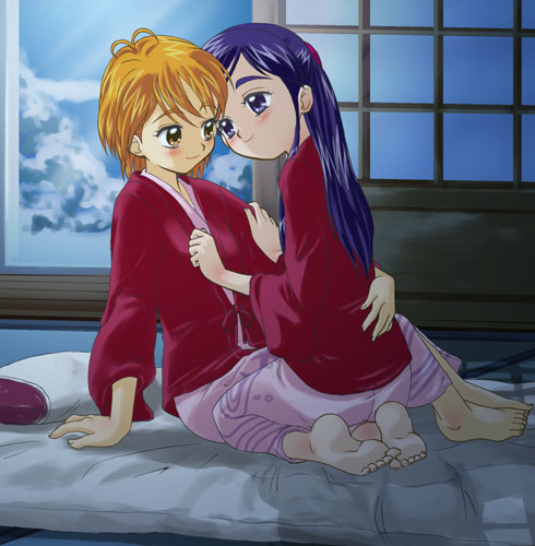 blue_eyes, blue_hair, brown_eyes, brown_hair, futari_wa_precure, lowres, misumi_nagisa, multiple_girls, precure, pretty_cure, tsuwabuki-san, yukishiro_honoka, yuri
