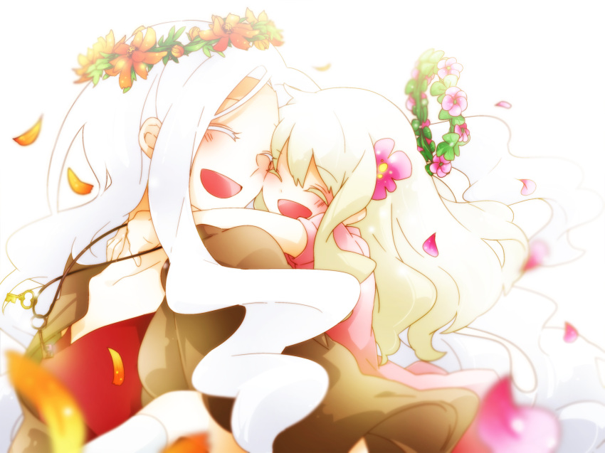 age_difference, blush, closed_eyes, dress, eyes_closed, flower, hair_flower, hair_ornament